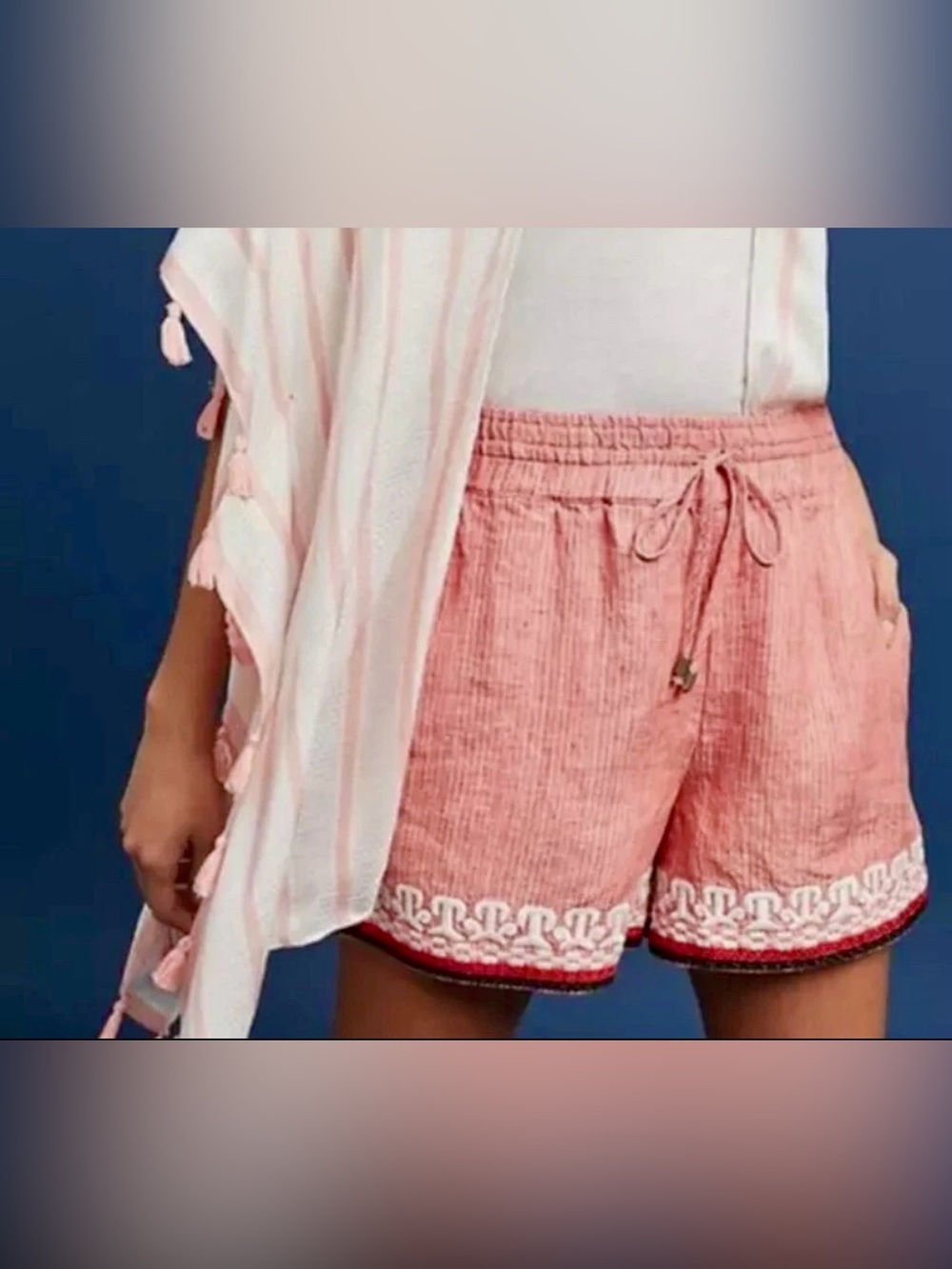 Anthropologie Pink Embroidered Drawstring Shorts